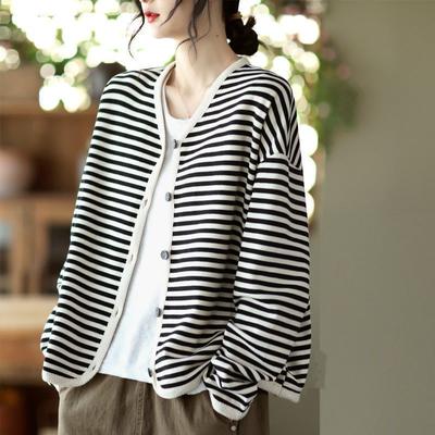 Spring Striped Ribbon Edging Single Breasted Women's Long Sleeved Short Jacket Women's Cardigan Top