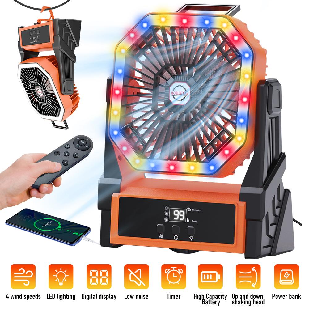 20000mAh USB Rechargeable Camping Fan 4 Speeds 360° Hanging Hook Fan with LED Lights Remote Control for Outdoor Emergency Lights
