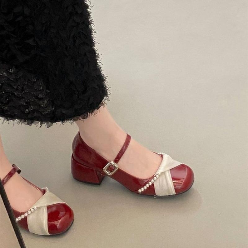 Piękne perłowe czółenka Mary Jane damskie jesienne nowe baletki temperament gruby obcas ze spódnicą skórzane buty