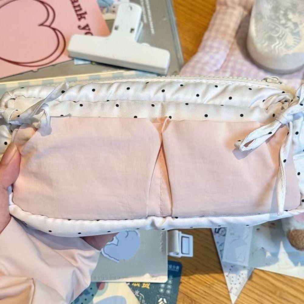 White With Pink Student Pencil Box Simple and Niche Bow Pencil Case Makeup Storage Bags