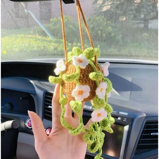 Crochet Hanging Plant for Car, Cute Car Plant Accessories, Knitted Plant Car Mirror Hanger, Boho Car Plant Crochet Hanging Basket (A)