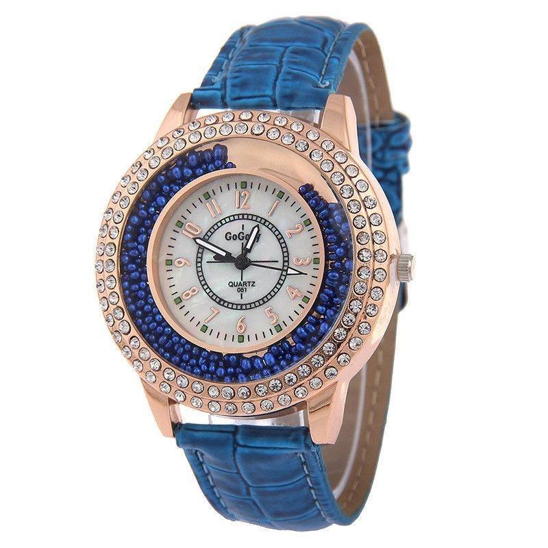 Fashionable Women's Quartz Watch With Rhinestones And Faux Leather Strap