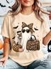 Leopard Boo Jee Ghost Unisexs T Shirt Halloween Coffee Pumpkin Bow Graphic Tee Short Sleeve Casual Holiday Party Ladies Tops