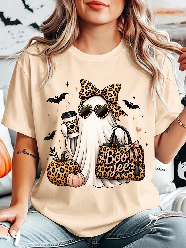 Leopard Boo Jee Ghost Unisexs T Shirt Halloween Coffee Pumpkin Bow Graphic Tee Short Sleeve Casual Holiday Party Ladies Tops