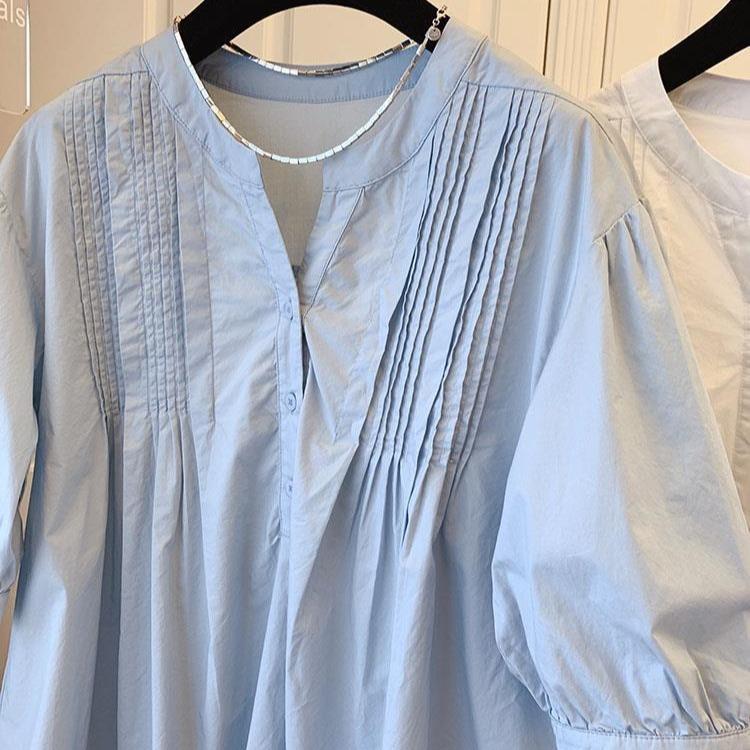 Korean version of loose Japanese casual shirt pleated bubble sleeves cotton short-sleeved doll shirt top women