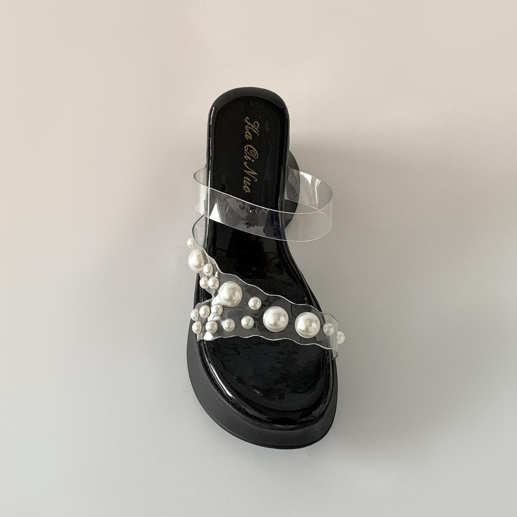 Black High-end Thick-bottomed Wedge One-word Slippers for Women's Summer Wear 2025 New Models with Skirts To Increase the Height of French Sandals