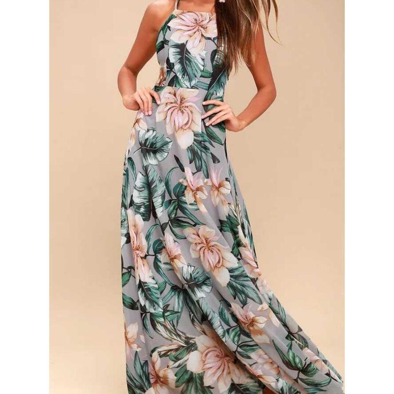 Export Single Lu Home Fashion Beach Style Tropical Rainforest Print Long Summer Elegant Open Back Tied Dress Female