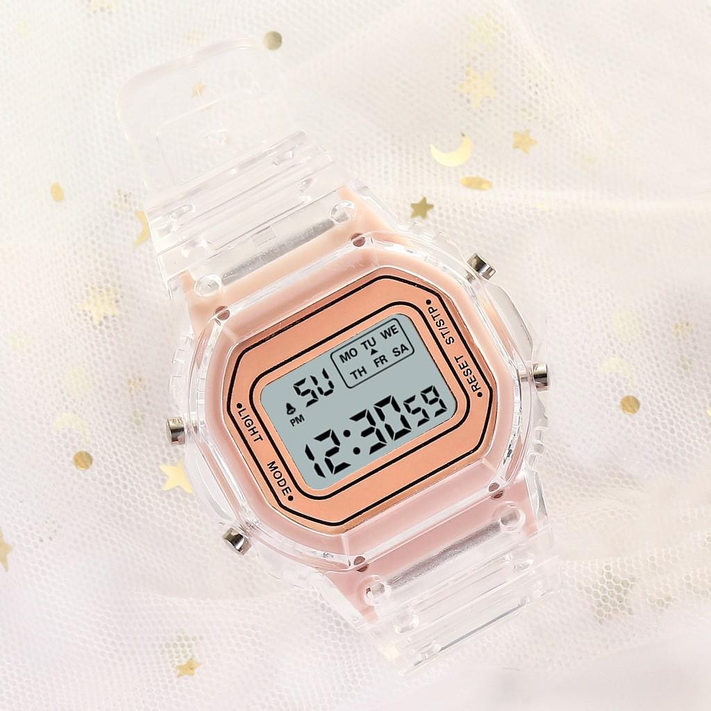 Reloj Deportivo Cuadrado Transparente Estilo Influencer de Moda para Mujer, Diseño LED Resistente al Agua