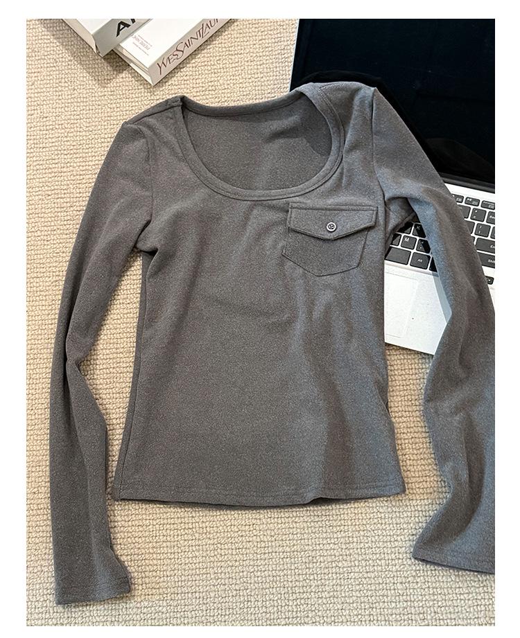 Korean Style Pink U-Neck Slimming Long-Sleeve Women's Base Layer Top for Autumn/Winter