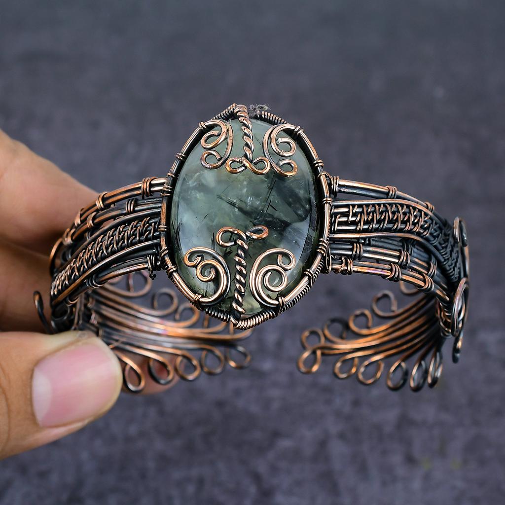 Prehnite Gemstone Handmade Copper Wire Wrap Cuff Bangle Adjustable i6Z56