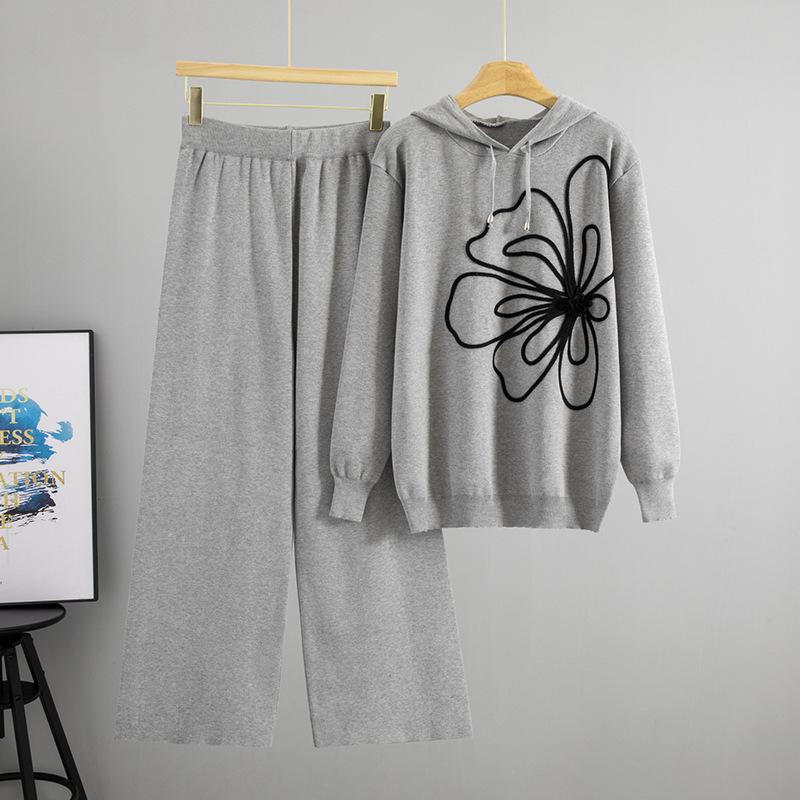 

A Hooded Floral Pullover Design Top and Wide-leg Pants Set, A Fashionable, Simple and Elegant Two-piece Set for Women One size сірий колір