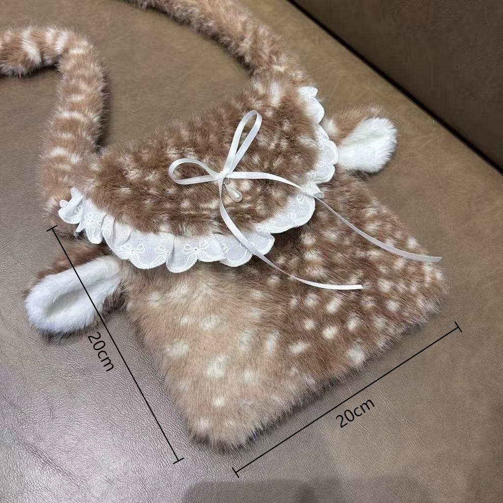 Cute Plush Deer Spot Pattern Handbag Ins Kawaii Commuter Bag Women's Faionable Versatile Oulder Bag Autumn Winter  Arrival