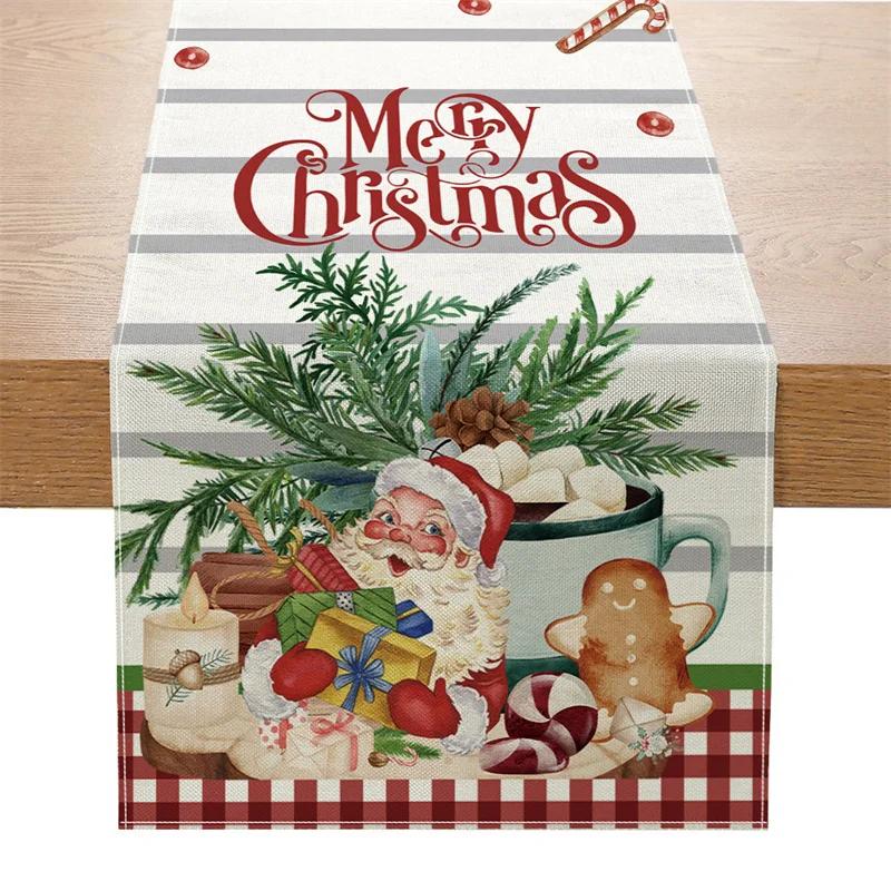 Christmas Table Mat Linen Print Santa elk Table Runner Christmas Decor Snowman Xmas Tree Pattern Tablecloth Home Xmas Ornaments