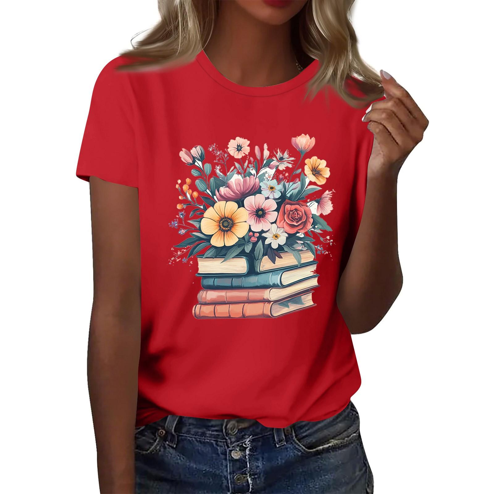 

Жіноча модна повсякденна футболка з принтом і круглим вирізом з короткими рукавами Топ Футболка Топ L червоний