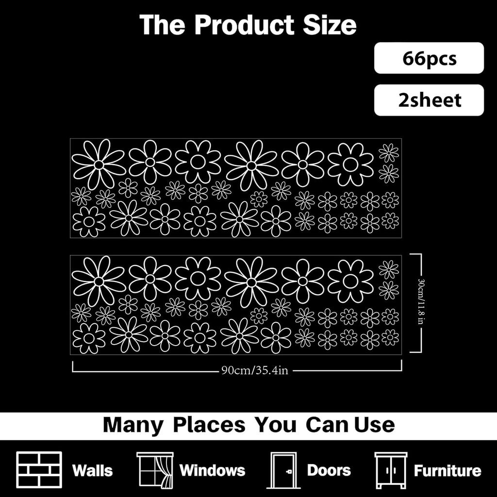 PLIGREAT 2 Sheets White Line Flowers Wall Decals DIY Art Daisy Floral Removable Vinyl Wall Stickers for Bedroom Living Room Home Background Window
