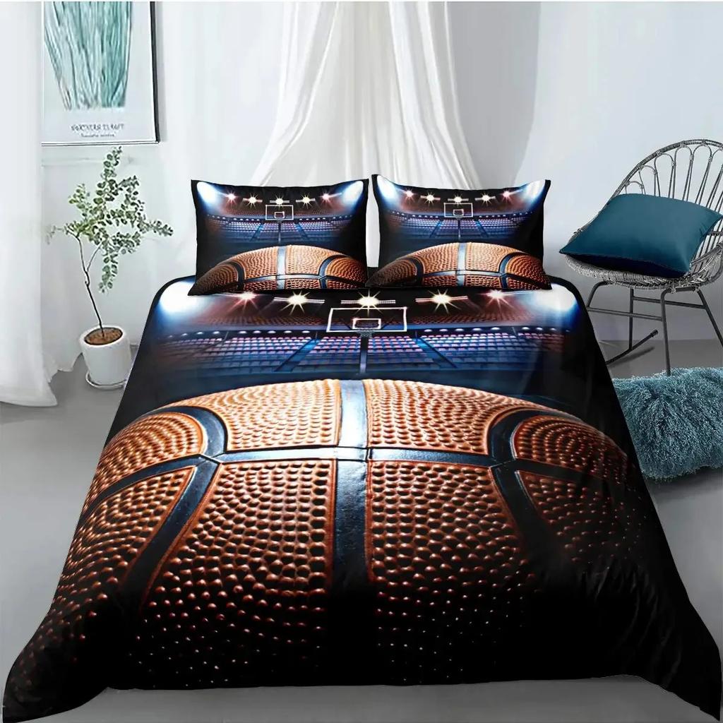 Boys Basketball Duvet Cover Set Black 3D Ball Sports Bedding Set For Boys Men Basketball Court Competitive Games Comforter Cover