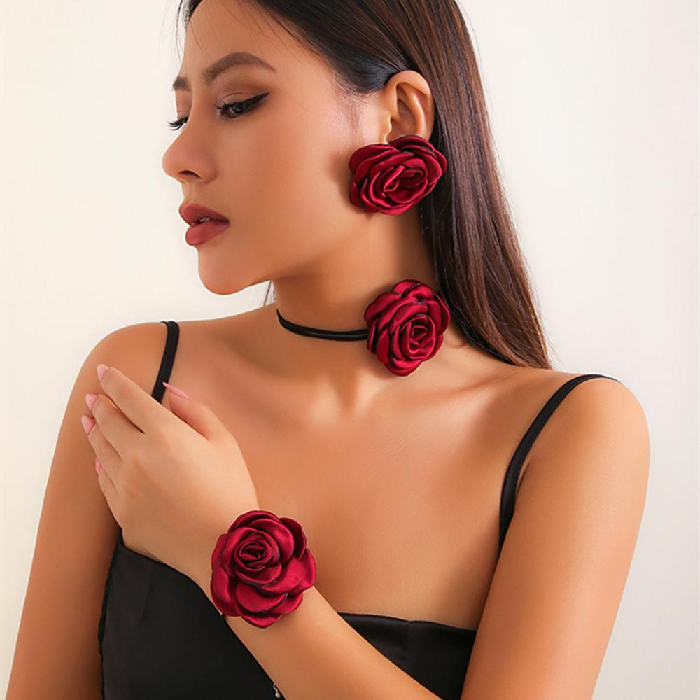 IngeSight.Z Romantic Big Rose Flower Earrings Bracelet Necklace Sets Women Kpop Velvet Rope Chain Party Y2K Wedding Jewelry Sets