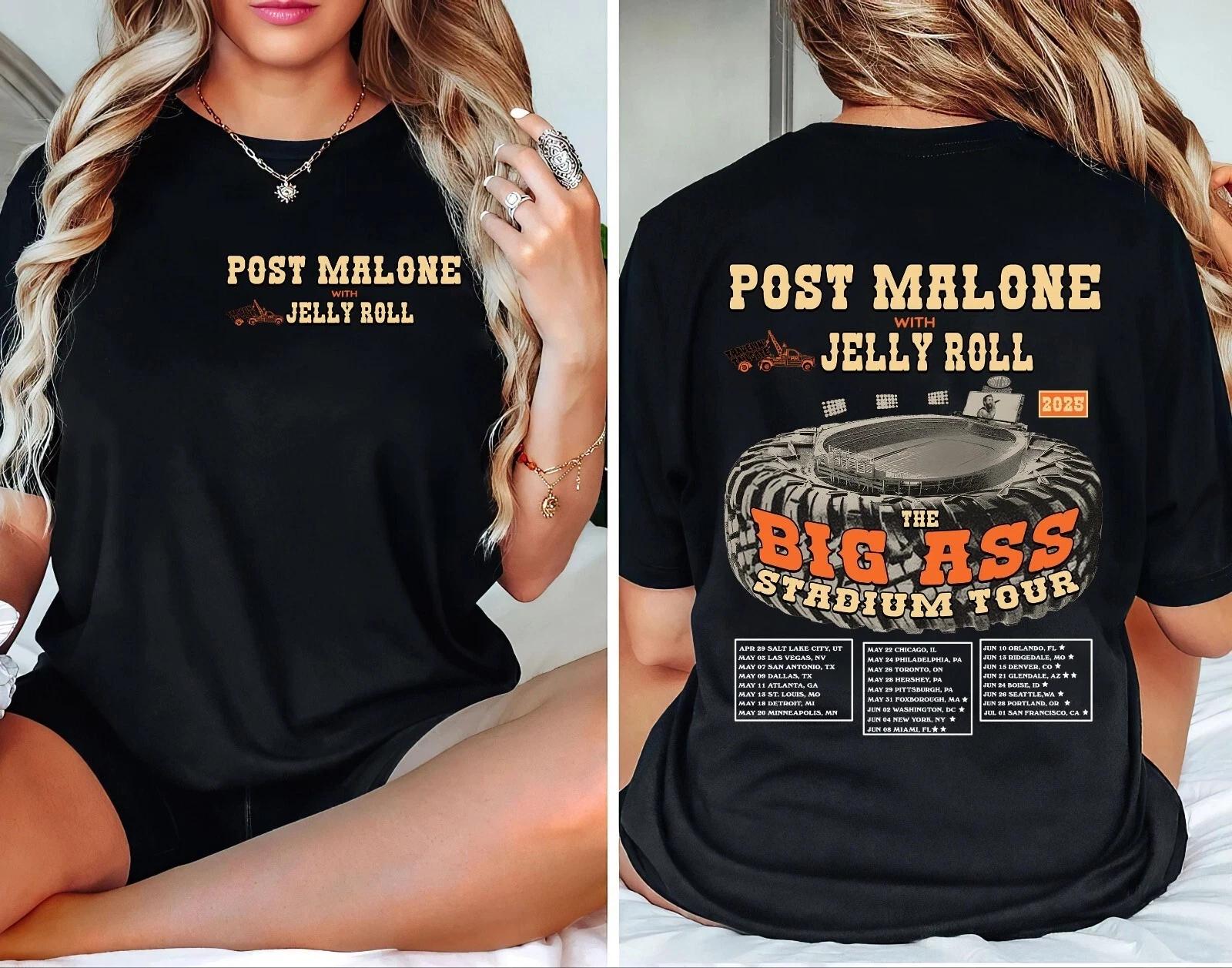 Post Malone Jelly Roll Большой стадионный тур Концерт Футболка для фанатов 2025 S