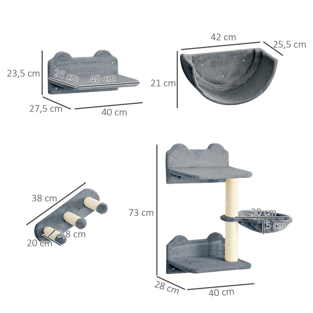 4PCs Wall-Mounted Cat Shelves w/ Scratching Post, Hammock, Nest - Grey