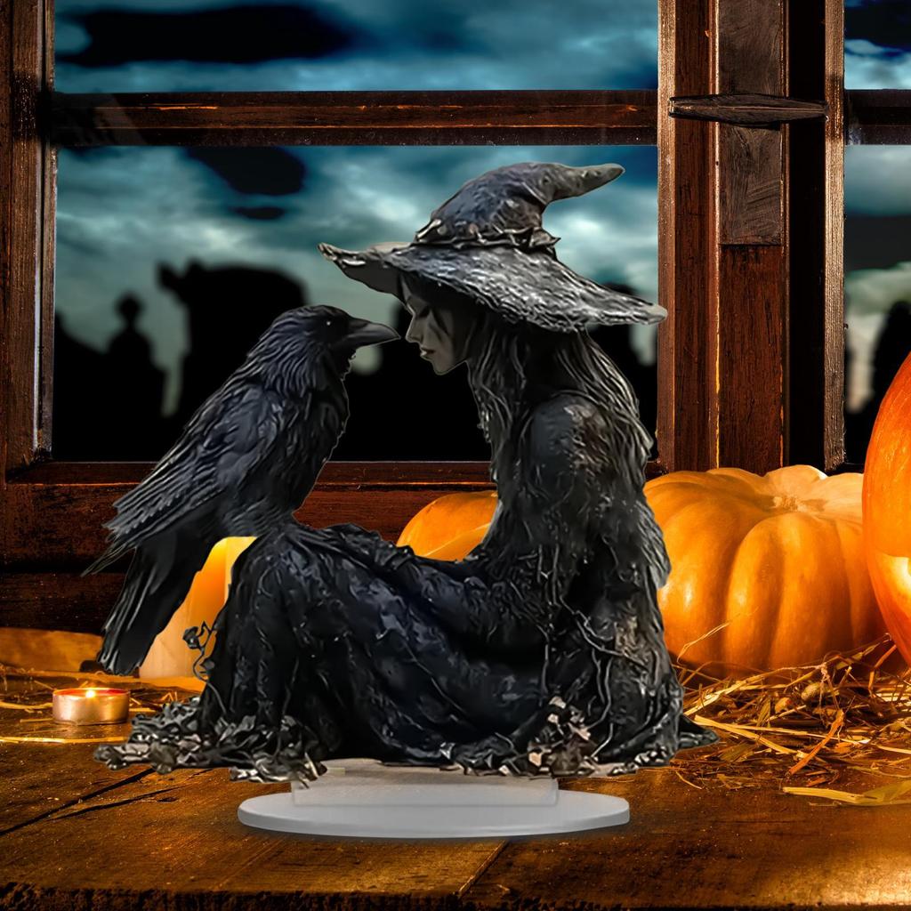 2D Acrylic flat Halloween Desk Decor Indoor Tabletop  Decoration Sign Acrylic Material Gothic Witch Crow Ornament 15x15x1cm