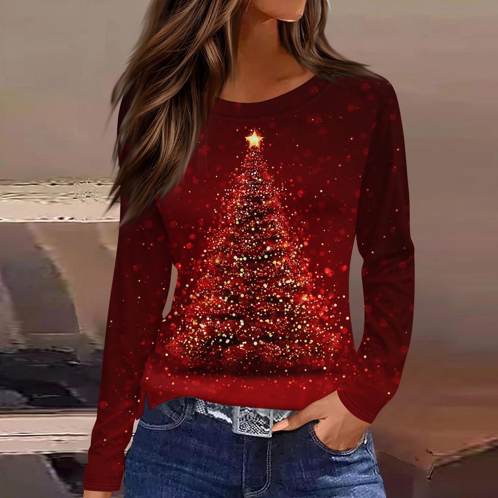 Women's Fashion Casual Slit Hem Round Neck Long Sleeve Loose Christmas Printed T-Shirt Ladies Top