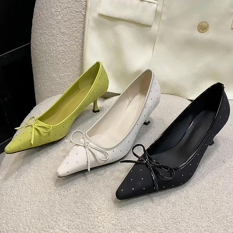 Fashion Fashion Rhinestone Bow Decoration Women Pumps Sexy Pointed Toe Satin Thin High Heels Elegant Banquet Shoes Women Mules Loafers