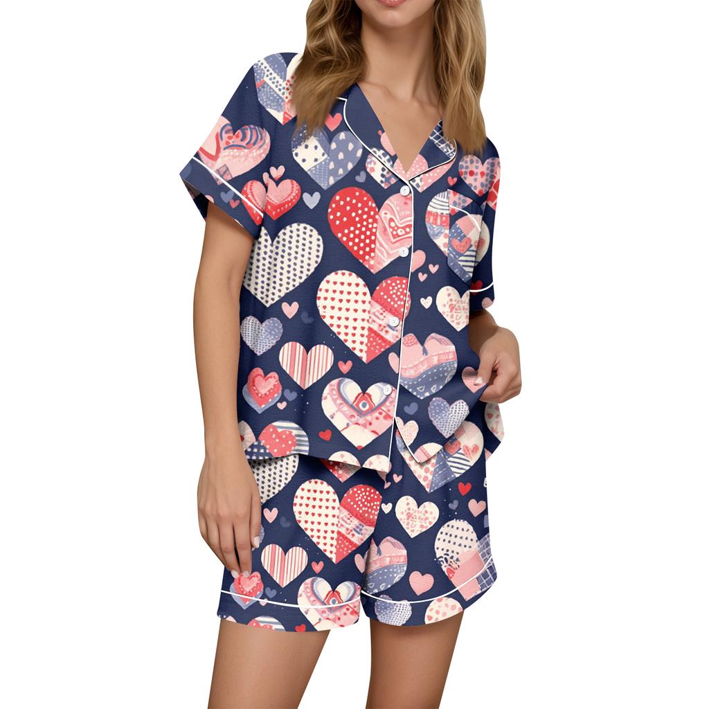 Damen Casual Mode Weihnachts-Print Kurzärmeliges Hausanzug-Set mit Knopfleiste, Kurzarm-T-Shirt und Shorts