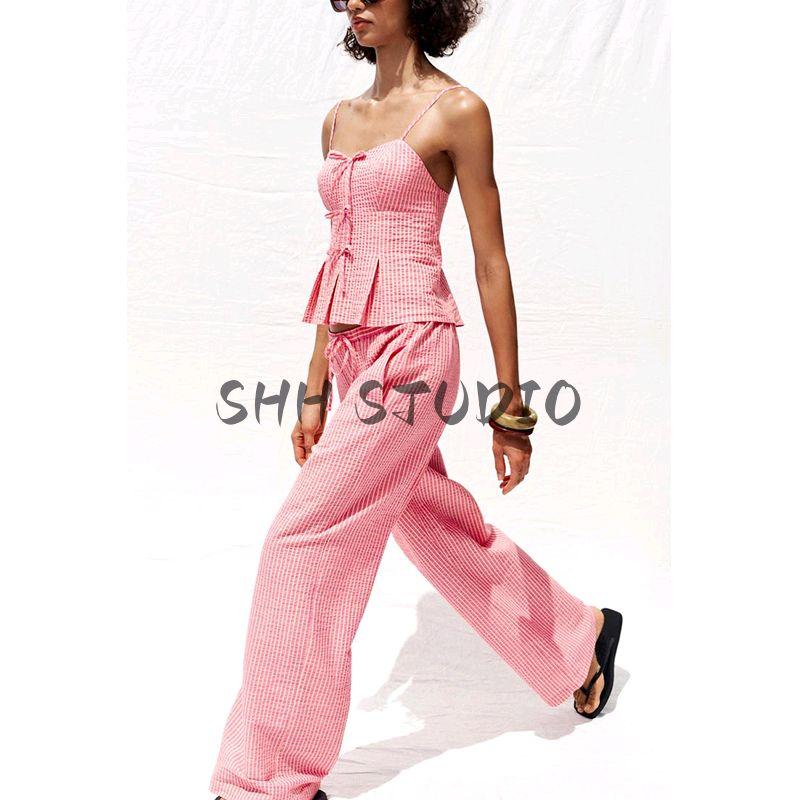 Bowknot Decoration Stripes V-neck Strap Tops 3564108 High Waist Wide Leg Casual Trousers 3564109