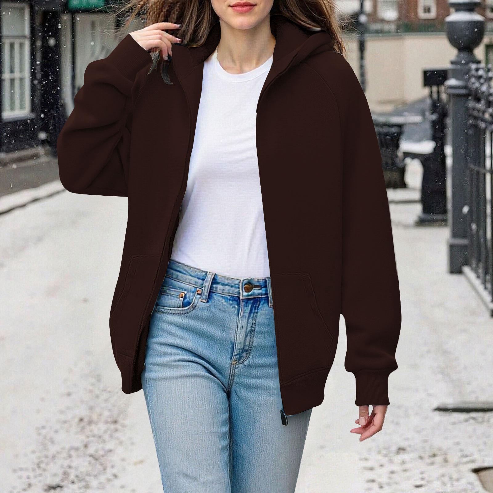 

Женская модная однотонная толстовка с капюшоном и утолщенной подкладкой из флиса на молнии для спорта L коричневый