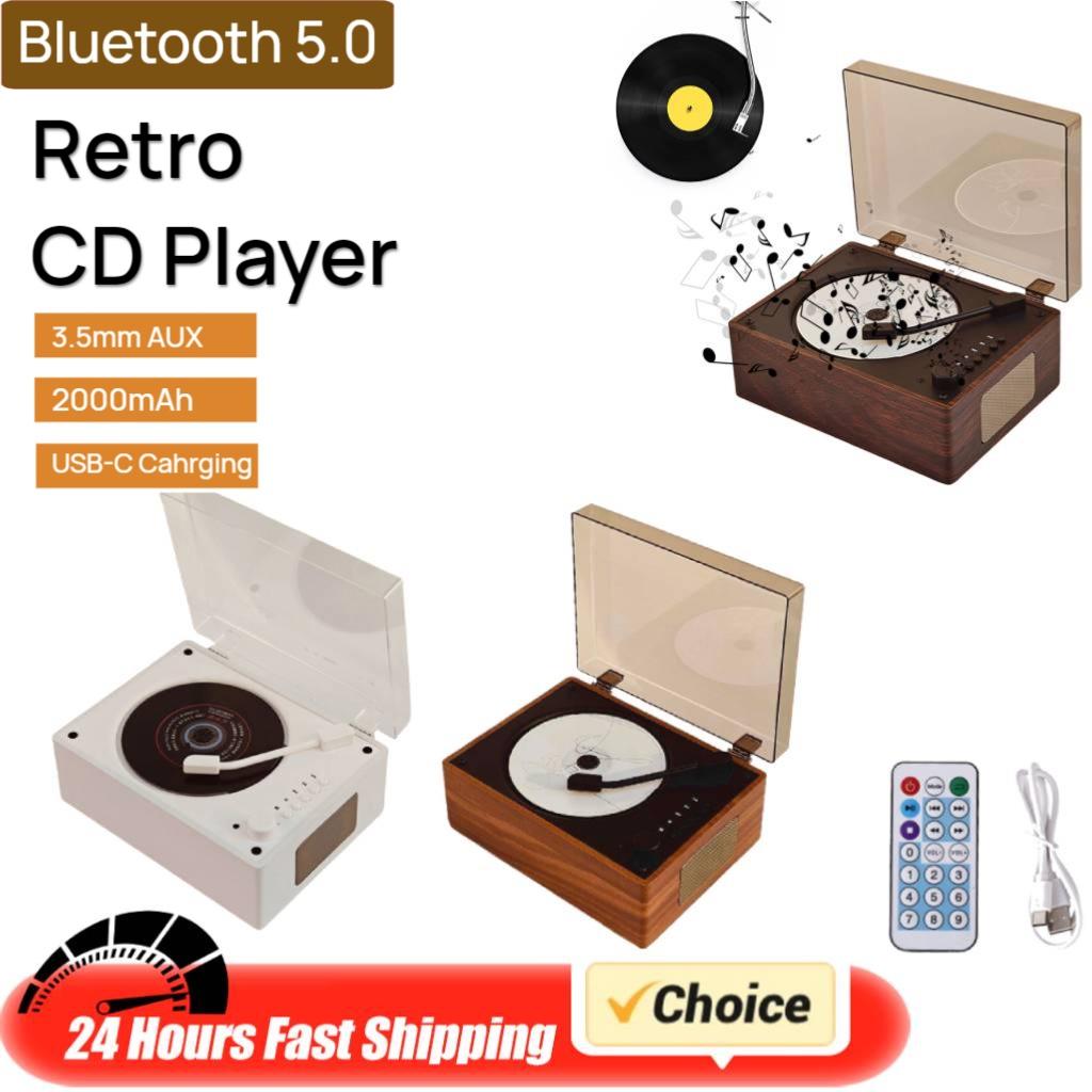 Retro CD Player USB-C Rechargeable Bluetooth 5.0 Speaker Portable Stereo CD Player Remote Control Home Music Player for Home