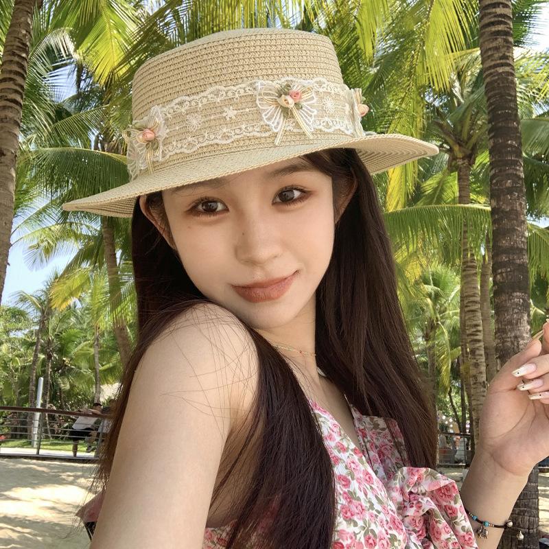 French Lace Bow Strap Straw Hat Women's Spring and Summer Vacation On The Beach and Travel On A Large Brim Sun Protection Flat Top Straw Hat