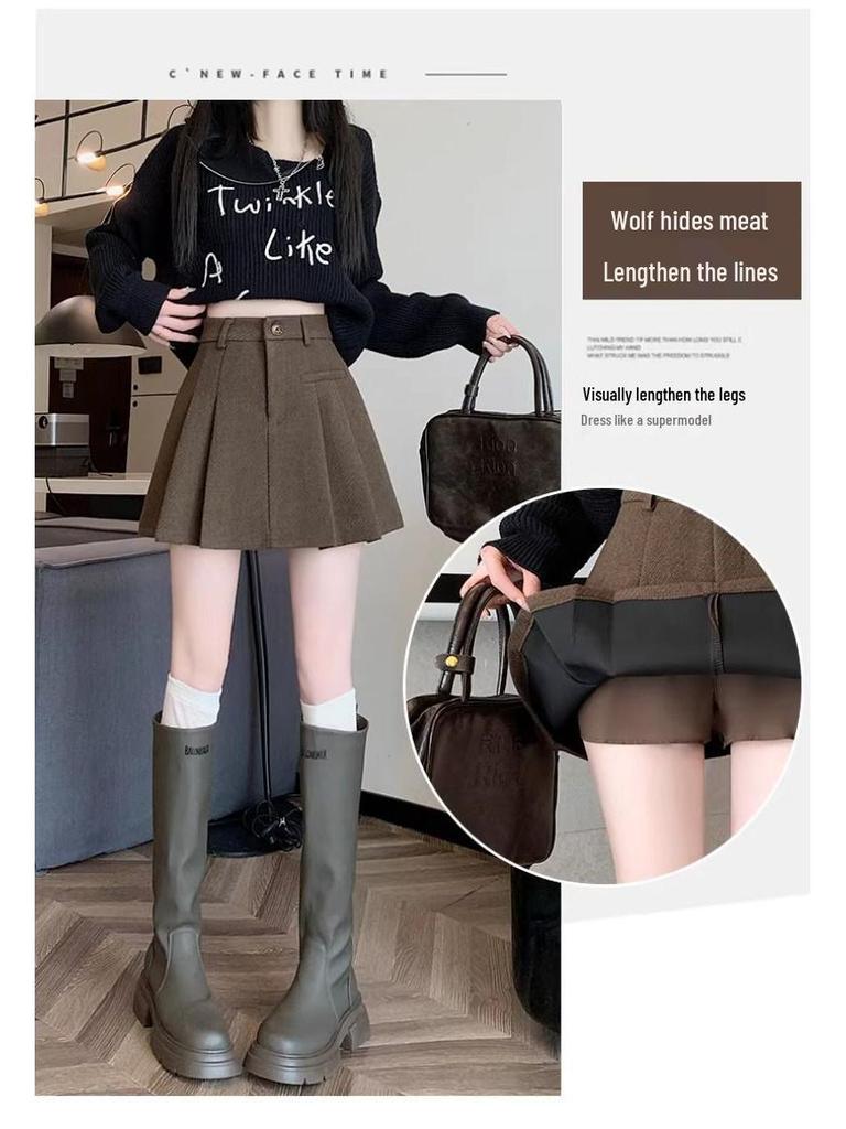 2025 Autumn/Winter Grey Wool Blend High-Waisted Slimming Pleated Skirt