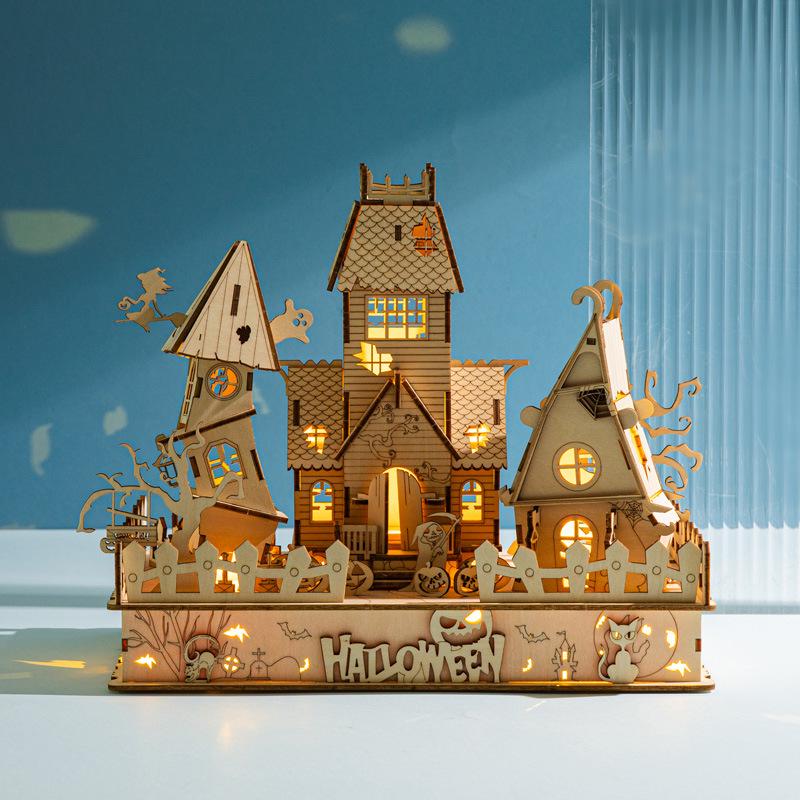3D Stereo Wooden Halloween House Puzzle - Educational DIY Toy for Kids