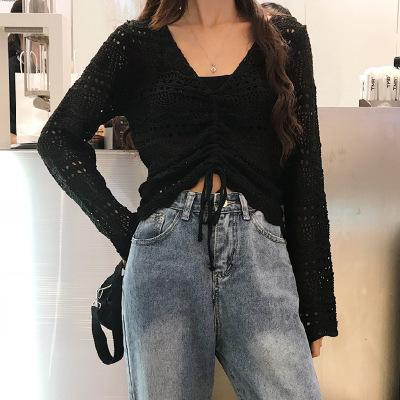 

Spring and Autumn New Gentle Wind Ice Silk Knitted Sweater Short Women s Drawstring Top Thin Women s Sweater Versatile One size fits all чёрный