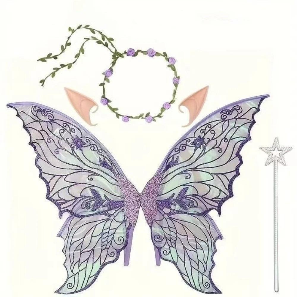 Sparkling Wings Wreath Elf Ear Set Foldable Fairy Cosplay Set Butterfly Wings Set  Themed Party