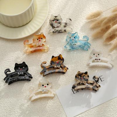 Women Hair Claw Cat Shape Shiny Rhinestones Inlaid Hair Clip Anti-slip Teeth Back Head Shark Hair Clamp