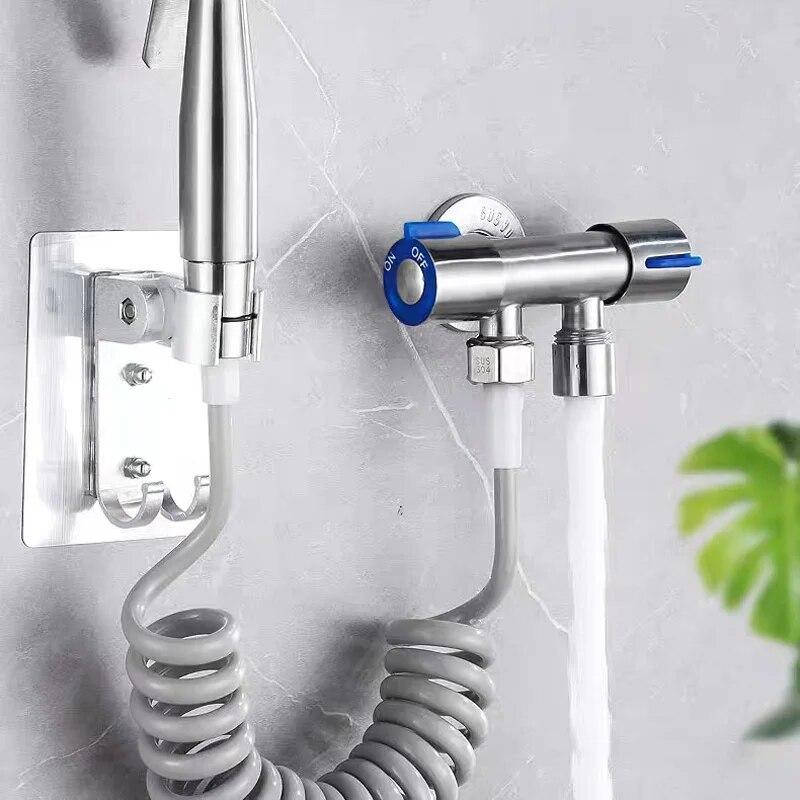 Stainless Steel Hot Cold Inlet Valve Toilet Double Handle Stainless Steel Cold Water Faucet Bathroom Washing Machine Faucet Silver