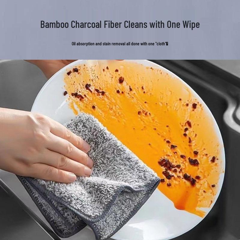 Bamboo Charcoal Fiber Cleaning Cloth, Dual-Use Dry/Wet, Oil & Stain-Absorbent, Household Kitchen, Locked Edge