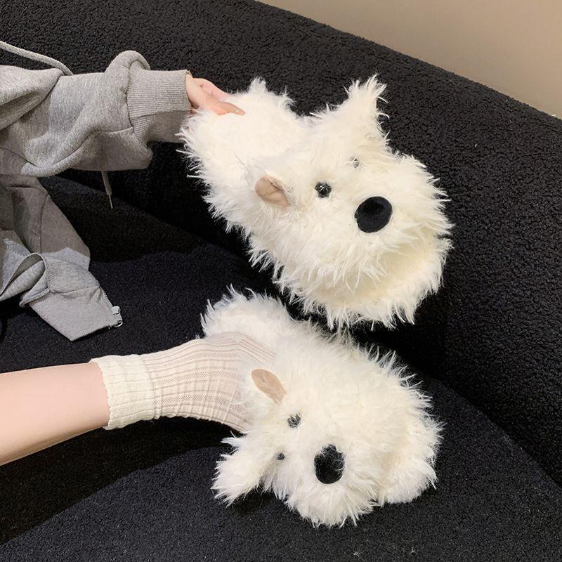 Cartoon Cute One-word Slippers Women's Season Fashion Versatile Cute Outer Wear Fluffy Slippers Women's Models