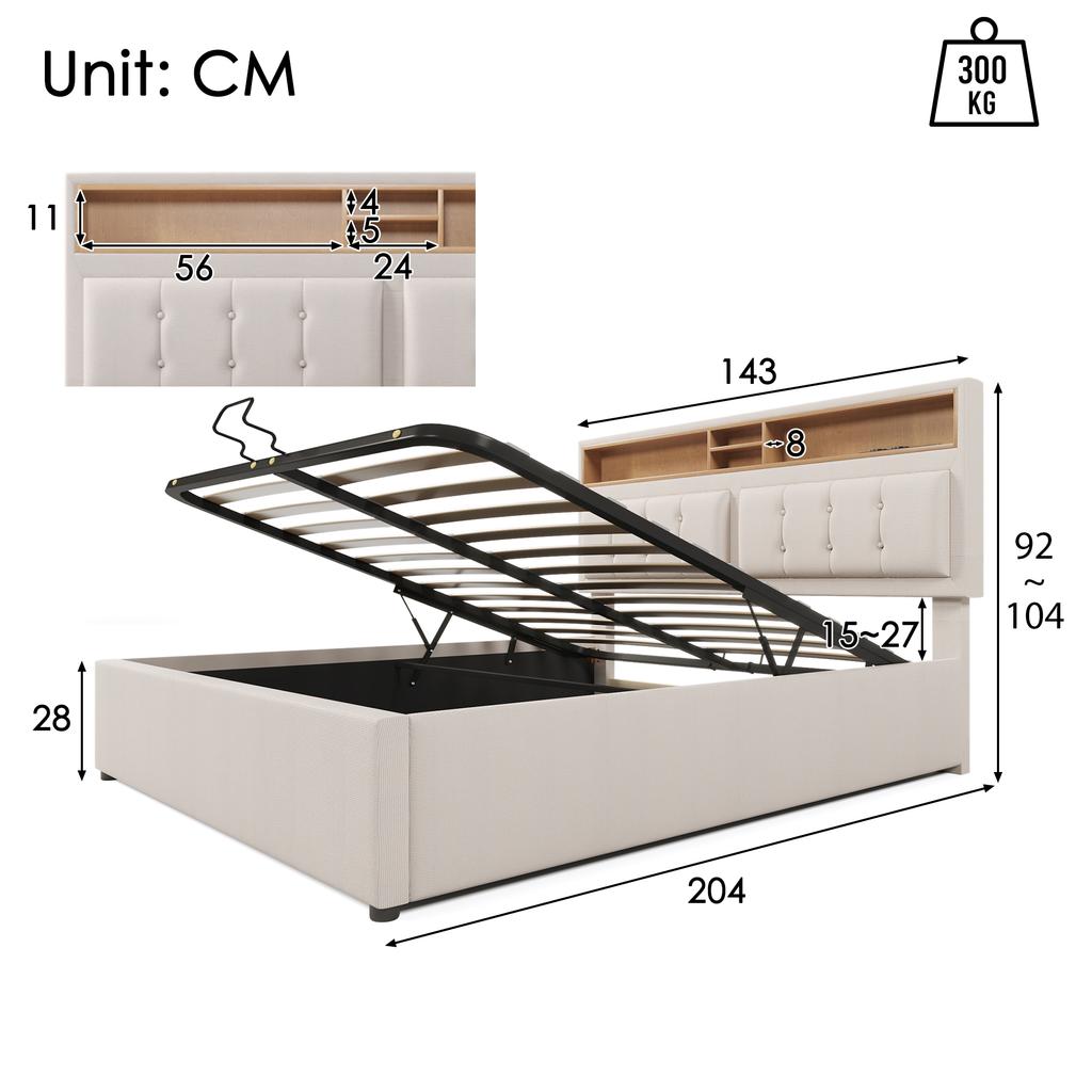 Upholstered Double Bed with USB-C Charging Headboard, Storage Bed Frame Made of Linen, Youth Bed 140x200 with Slatted Frame (With Mattress)