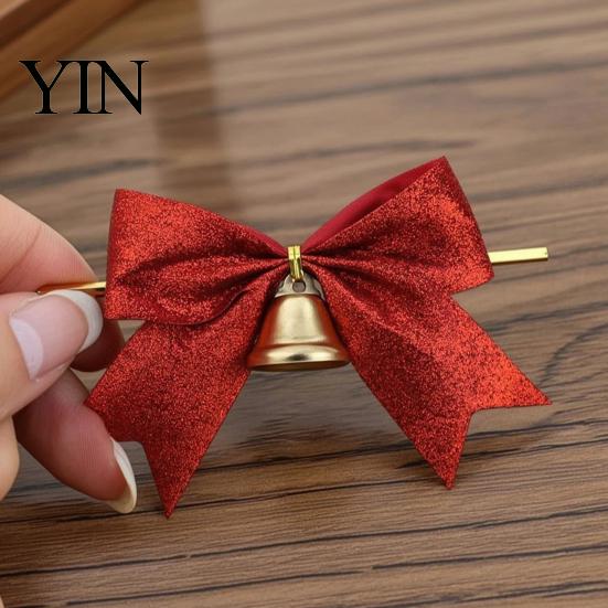 Decorative Bows with Bells 2 Pcs Christmas Bell, 4 Inch Glitter Ribbon Bows, Pre Tied Hanging Holiday Ornaments Xmas for Gift Wrapping, Wreath, Tree,