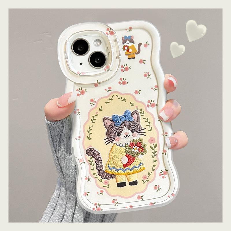 Bouquet cat is suitable for Apple 17promax mobile phone case iphone15 double bracket 16 silicone 14 cute anti-drop