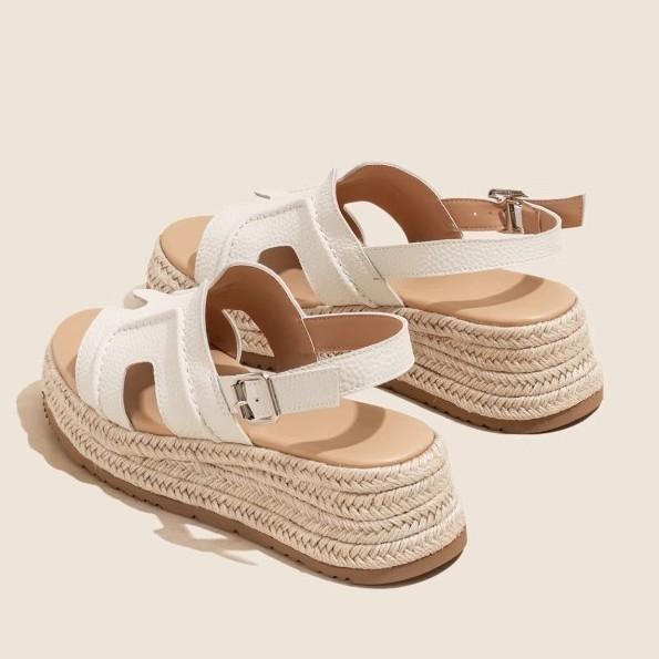 Ruth, the Same Leather One-word Sandals for Women 2025 New Straw Woven Thick-soled H Muffin 5cm High-heeled Cool Slippers for Women