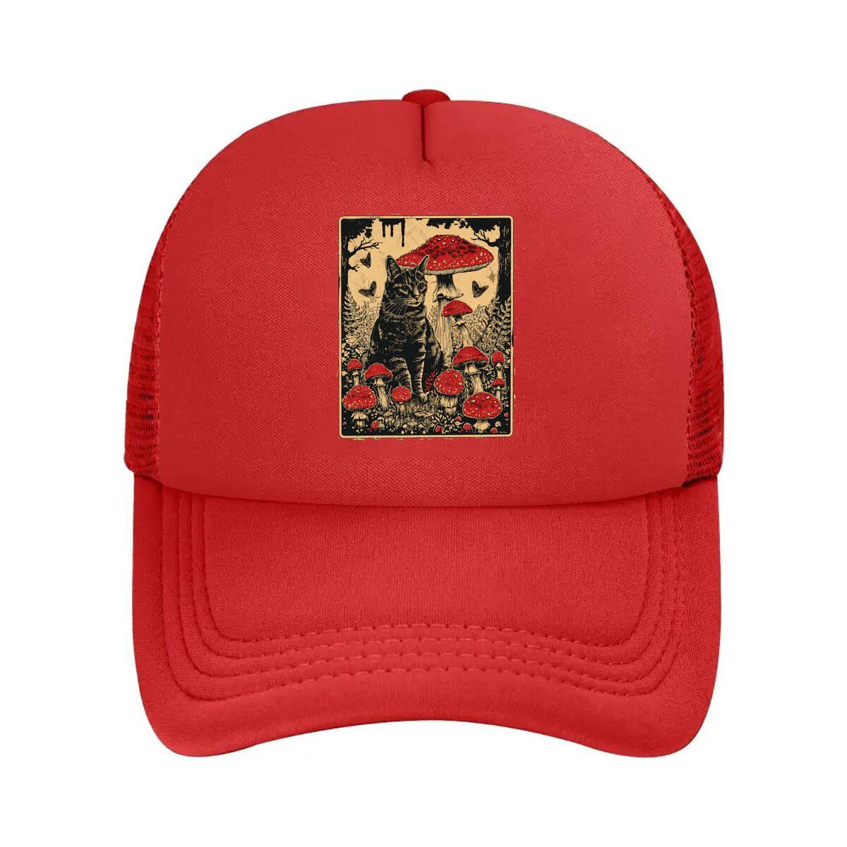 Black Cat Red Mushroom Forest Butterfly Vintage Art  Mesh Baseball Cap Hip Hop Adjustable