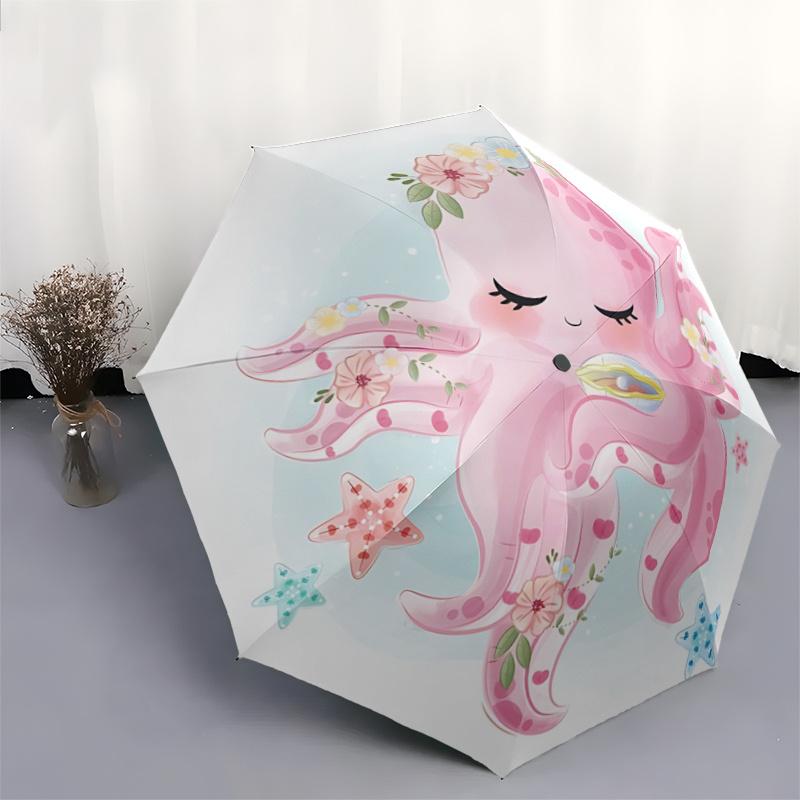1pc Cute Pink Octopus with Flowers - Automatic Opening Umbrella, Portable 3-Fold Design, 8-Rib Outdoor Umbrella, Festival Gift for Fans, Traveler