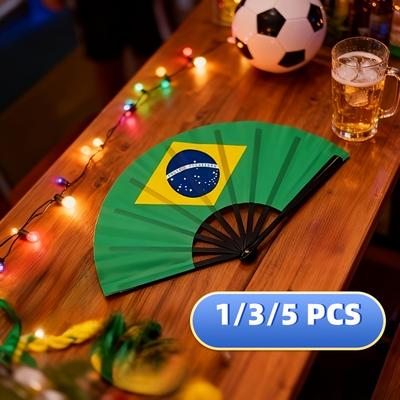 1pc/3pcs/5pcs Black Shaft Plastic Single-Sided Brazilian Flag Pattern Plastic Folding Fan, Suitable for Gifting, Commemorative Gifts, Home Decor