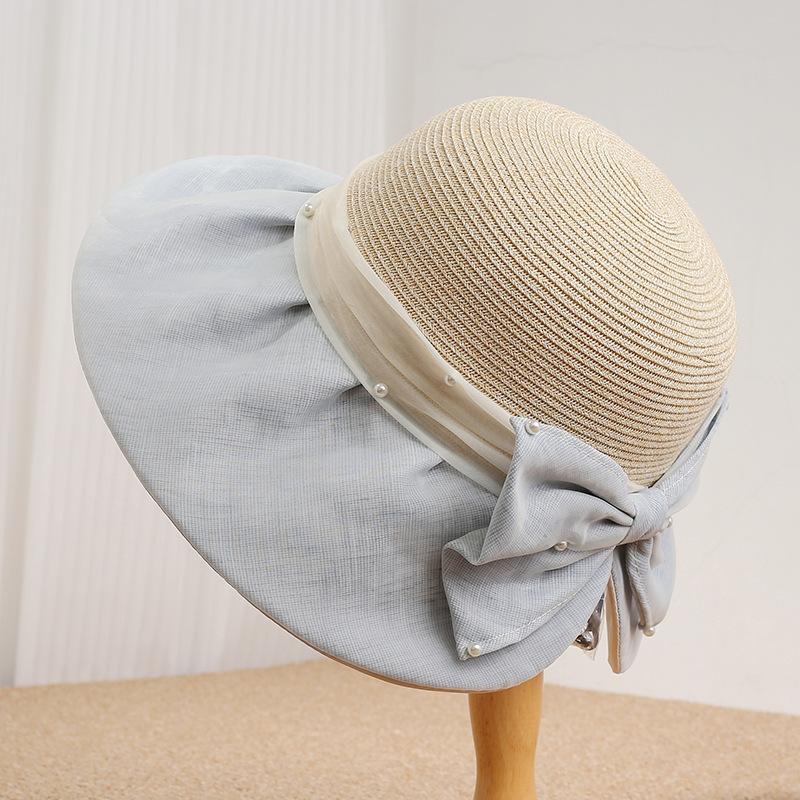 French Elegant Mesh Splicing Pearl Bow Big Eaves Straw Hat Women's Summer Sunscreen Sun Hat Show Face Small Holiday Hat