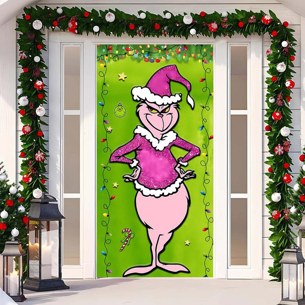 Capa de Porta de Natal Pano Decorativo Pendurado Capa de Porta Verde Cortina de Porta de Natal Tapeçaria de Ano Novo Fundo de Capa de Porta