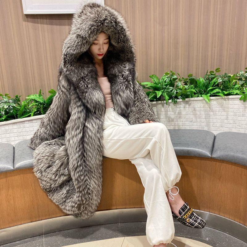 Women's Fur Coat Imitation Fox Fur Windbreaker Hood Long Jacket Young Winter Warm Casual