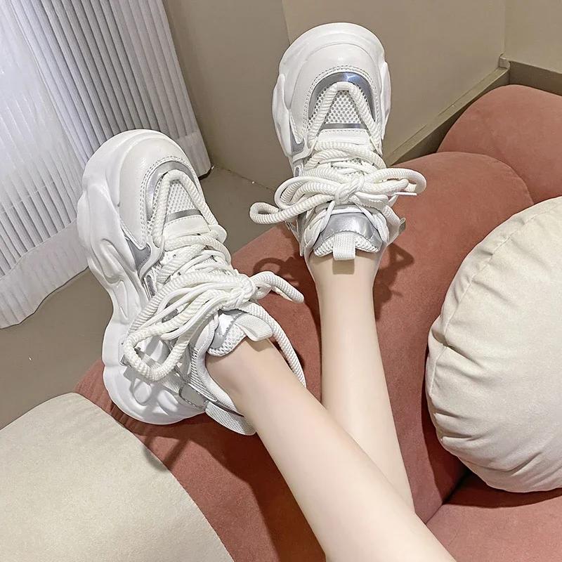High Platform Sneakers Women Spring Autumn Lace Up Comfort Ventilate Non-slip Wedges Height Increasing Shoes Footwear